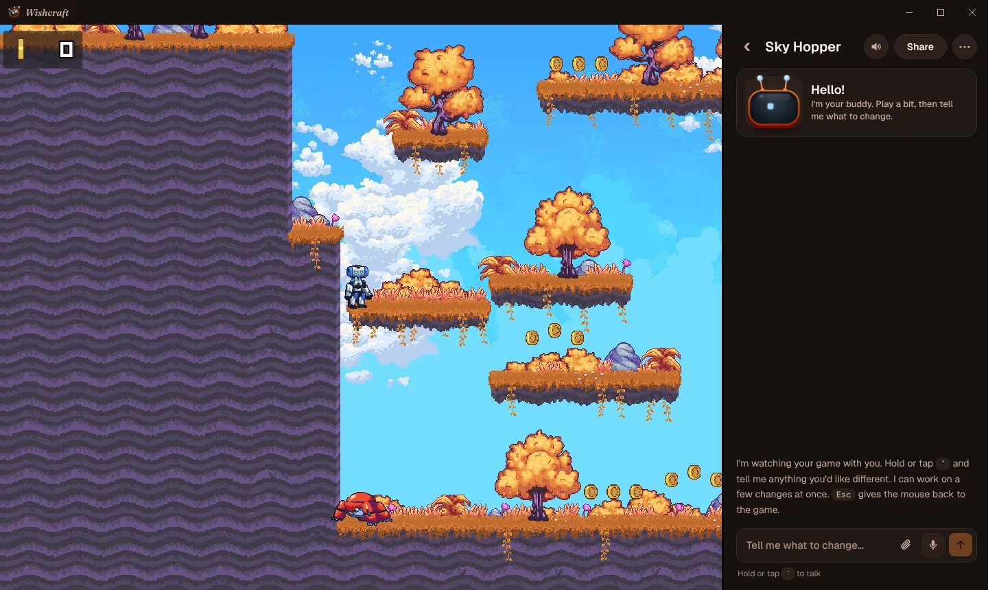 Fernkite: a 2D platformer on the left, and on the right the panel where you tell Buddy what to change